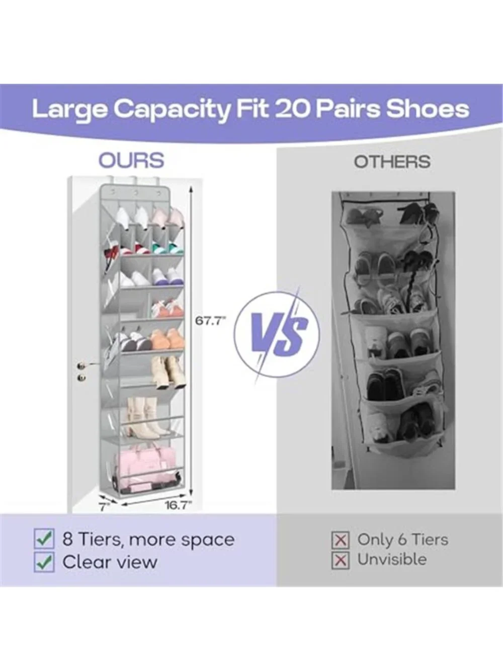Grey Over Door Shoe Organizer Hanging Storage Rack Boots Closet 20 Pair